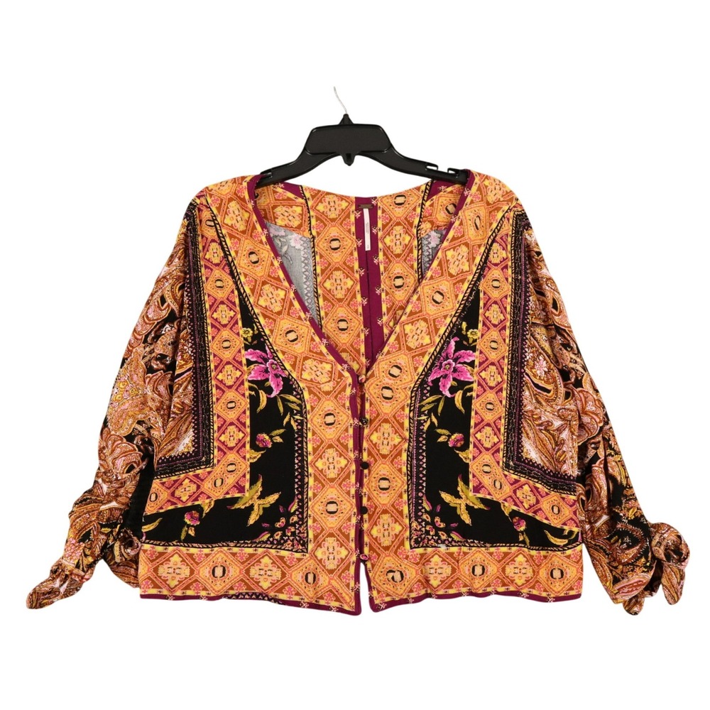 Free‎ People Boho Paisley Floral Blouse Womens S Button Front Tie Sleeve Viscose